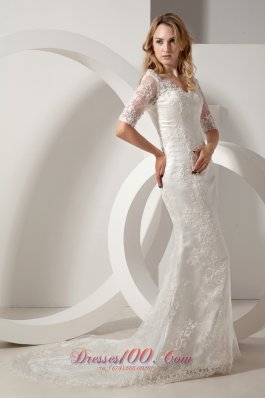 Mermaid V Neck Taffeta Lace Sleeves Wedding Dress