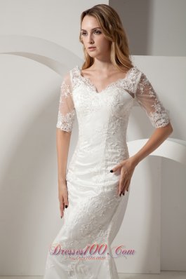 Mermaid V Neck Taffeta Lace Sleeves Wedding Dress