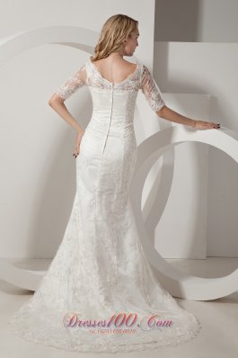 Mermaid V Neck Taffeta Lace Sleeves Wedding Dress