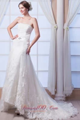 Strapless Beading Lace Wedding Dress Court Train