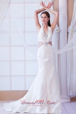 Watteau Train Halter Wedding Dress Beaded