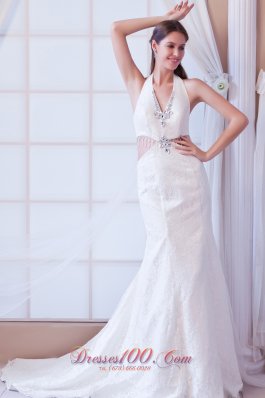 Watteau Train Halter Wedding Dress Beaded