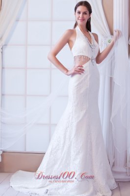 Watteau Train Halter Wedding Dress Beaded