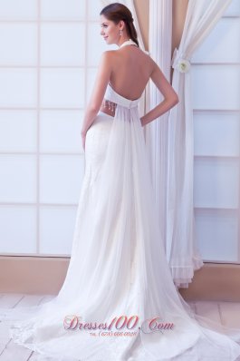 Watteau Train Halter Wedding Dress Beaded