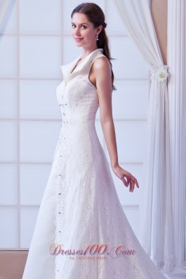 Square Lace Beading Wedding Dress Court Train