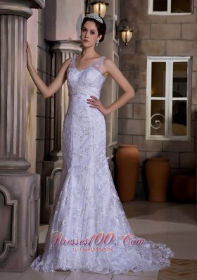 V Neck Mermaid Lace Court Wedding Dress Bridal