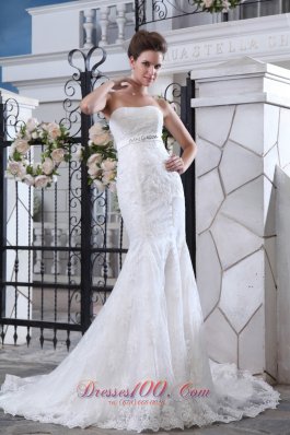 Tulle Sashed Mermaid Wedidng Dress Court Train