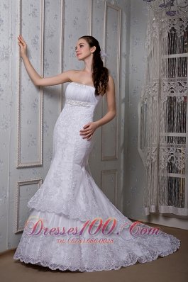 Mermaid Strapless Court Lace Wedding Dress Taffeta