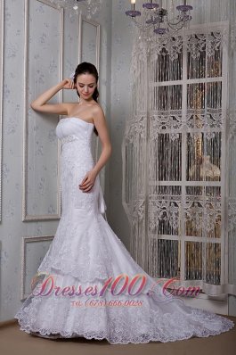 Mermaid Strapless Court Lace Wedding Dress Taffeta