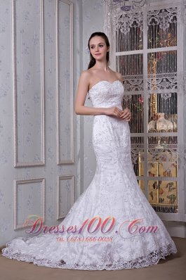 Strapless Mermaid Wedding Dress Lace Court Train