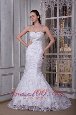 Strapless Mermaid Wedding Dress Lace Court Train