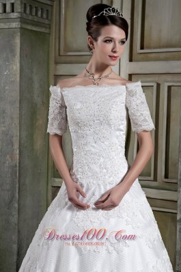 Lace Off The Shoulder Chapel Wedding Bridal Dress