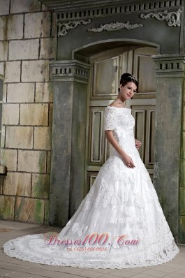 Lace Off The Shoulder Chapel Wedding Bridal Dress