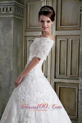 Lace Off The Shoulder Chapel Wedding Bridal Dress