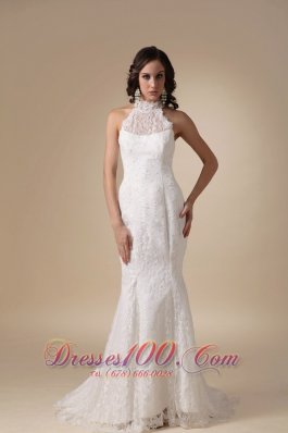 High Neck Mermaid Lace Brush Wedding Gowns