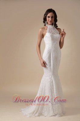 High Neck Mermaid Lace Brush Wedding Gowns