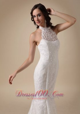 High Neck Mermaid Lace Brush Wedding Gowns