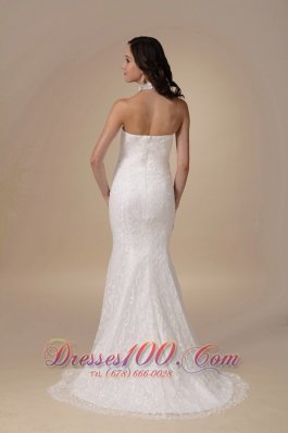 High Neck Mermaid Lace Brush Wedding Gowns