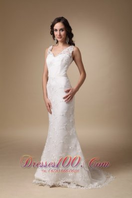 Column V Neck Lace Brush Taffeta Wedding Dress