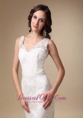 Column V Neck Lace Brush Taffeta Wedding Dress