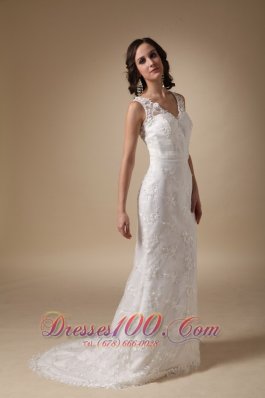 Column V Neck Lace Brush Taffeta Wedding Dress