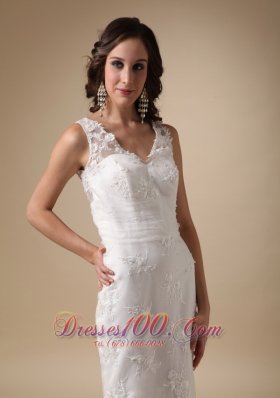 Column V Neck Lace Brush Taffeta Wedding Dress