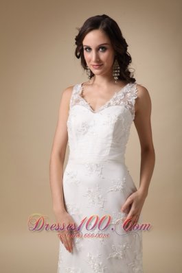 Column V Neck Lace Brush Taffeta Wedding Dress