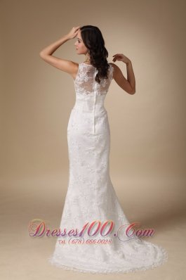 Column V Neck Lace Brush Taffeta Wedding Dress