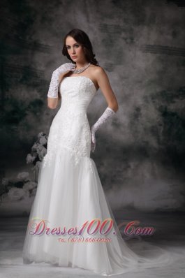 Mermaid Brush Lace Wedding Dress Strapless Tulle