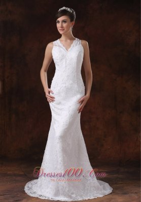 V Neck Mermaid Sweep Wedding Dress Lace For Brides