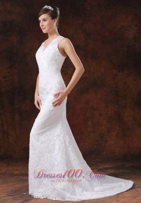 V Neck Mermaid Sweep Wedding Dress Lace For Brides