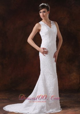 V Neck Mermaid Sweep Wedding Dress Lace For Brides