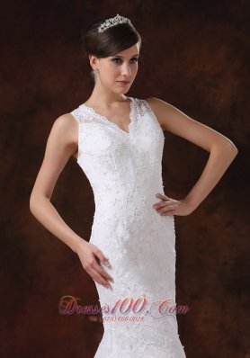 V Neck Mermaid Sweep Wedding Dress Lace For Brides