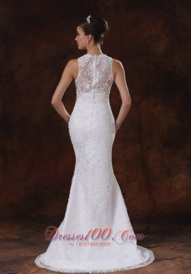 V Neck Mermaid Sweep Wedding Dress Lace For Brides