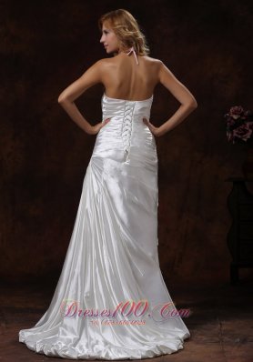 Ivory Halter Ruched Satin Brush Wedding Dress