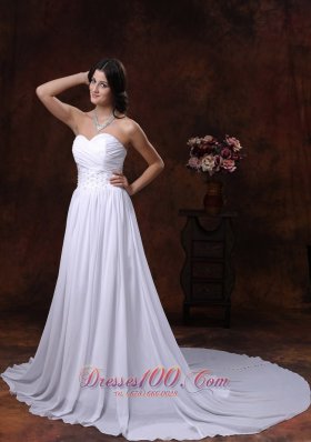 Ruched Chiffon Appliques Court Train Wedding Dress