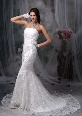Chiffon Mermaid Ruched Lace Wedding Dress Train