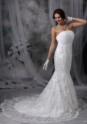 Chiffon Mermaid Ruched Lace Wedding Dress Train