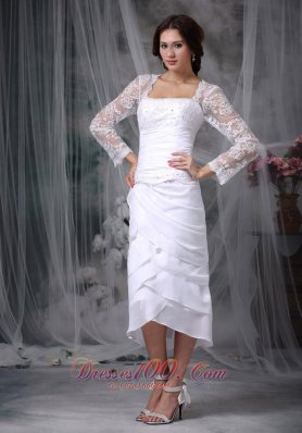 Tea Length Beaded Lace Wedding Dress Chiffon