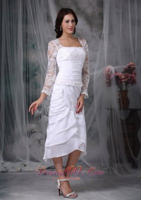 Tea Length Beaded Lace Wedding Dress Chiffon