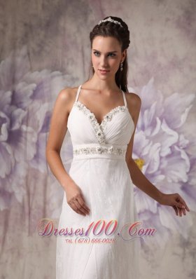 Beaded Spaghetti Straps Wedding Dress Lace Brush Train