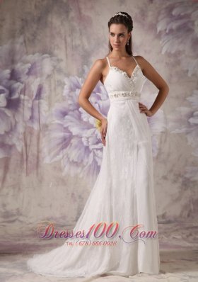 Beaded Spaghetti Straps Wedding Dress Lace Brush Train