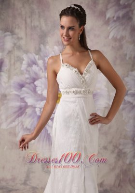 Beaded Spaghetti Straps Wedding Dress Lace Brush Train