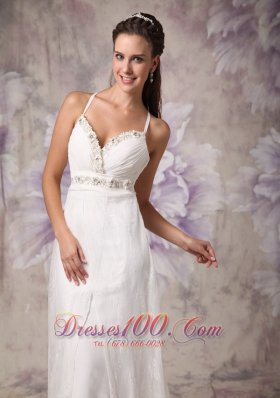 Beaded Spaghetti Straps Wedding Dress Lace Brush Train