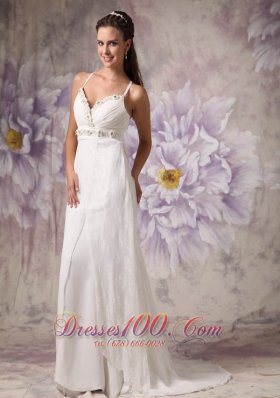 Beaded Spaghetti Straps Wedding Dress Lace Brush Train