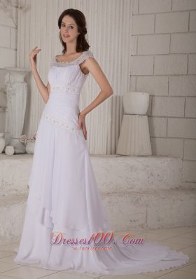 Embroidery Scoop Chiffon Wedding Dress Court Train