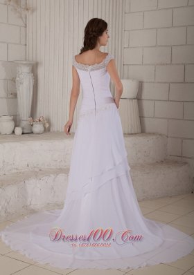 Embroidery Scoop Chiffon Wedding Dress Court Train