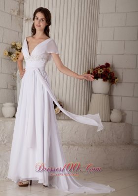 V Neck Beaded Chiffon Brush Beach Wedding Dress