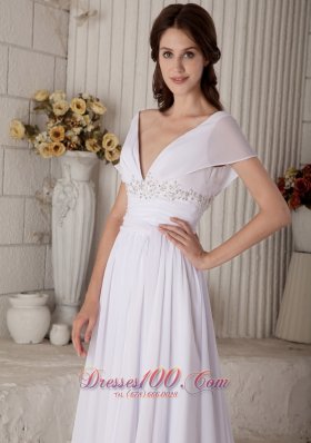 V Neck Beaded Chiffon Brush Beach Wedding Dress