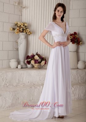 V Neck Beaded Chiffon Brush Beach Wedding Dress